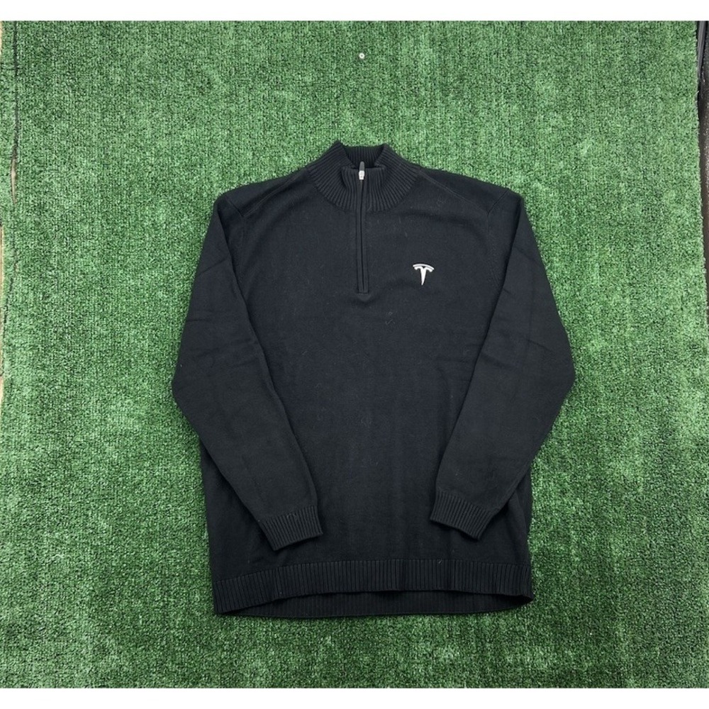 Tesla Sweater Mens XL Black Quarter Zip Mock Neck Embroidered Logo Pullover